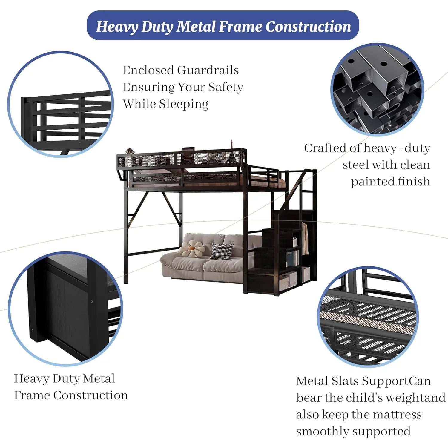 Queen Loft Bed Frame, Stairs/Storage/Wardrobe/Bedside Shelf