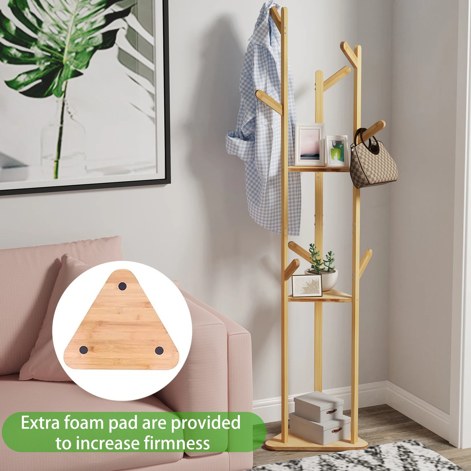 Bamboo Clothing/Coat/Shoe Stand With Hooks & Shelves