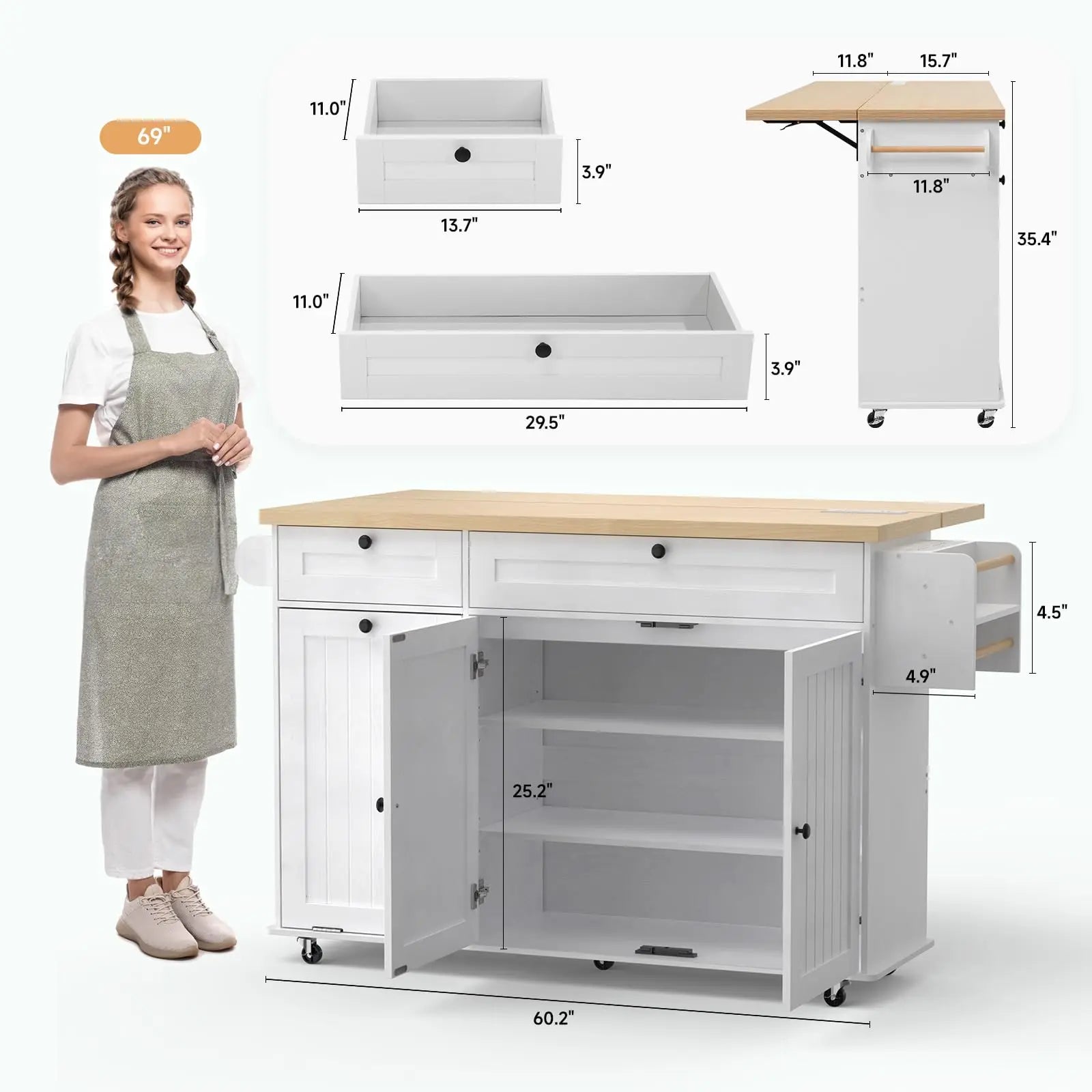 60" Mobile Kitchen Island 2 Colors Available