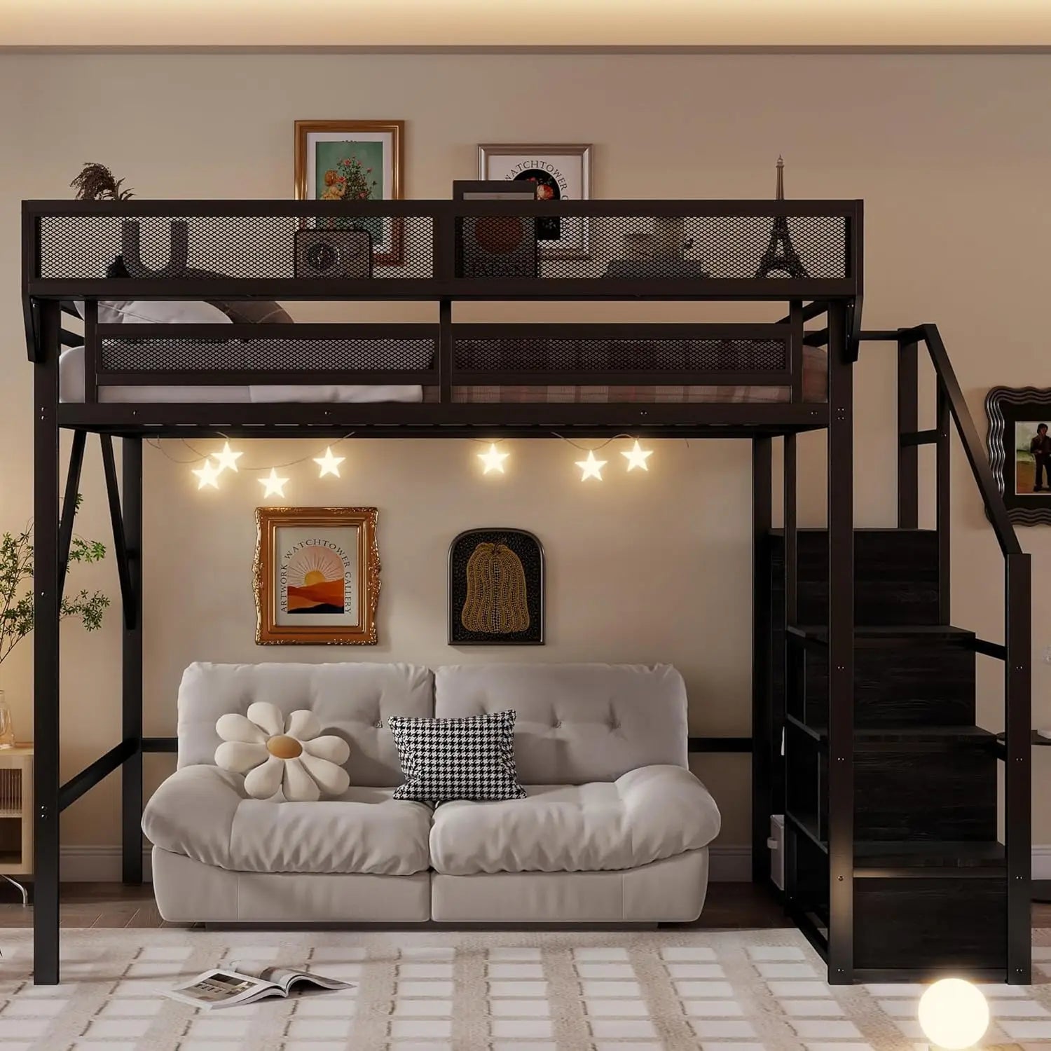 Queen Loft Bed Frame, Stairs/Storage/Wardrobe/Bedside Shelf