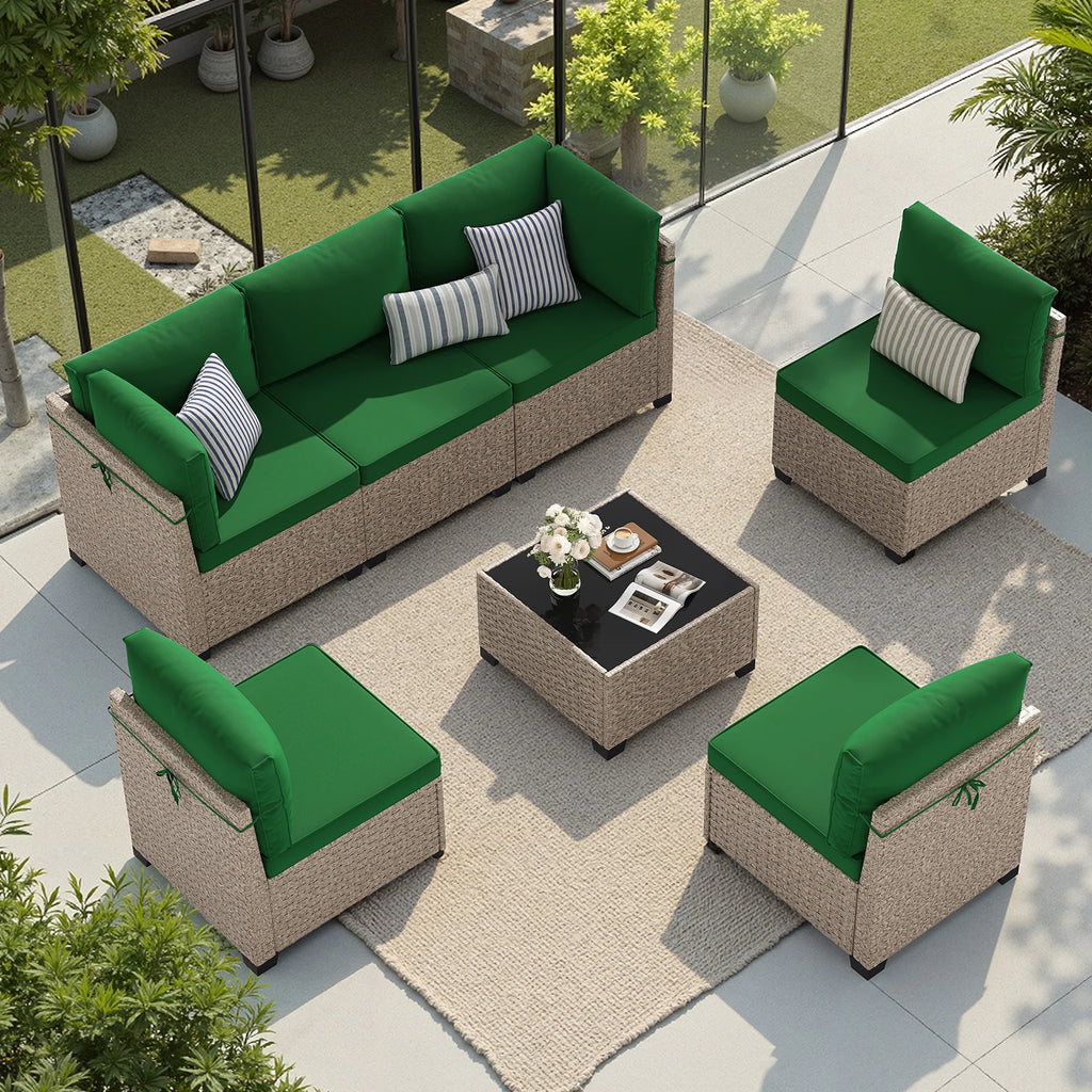 7-Piece Patio Rattan Set with Tempered Glass Table
