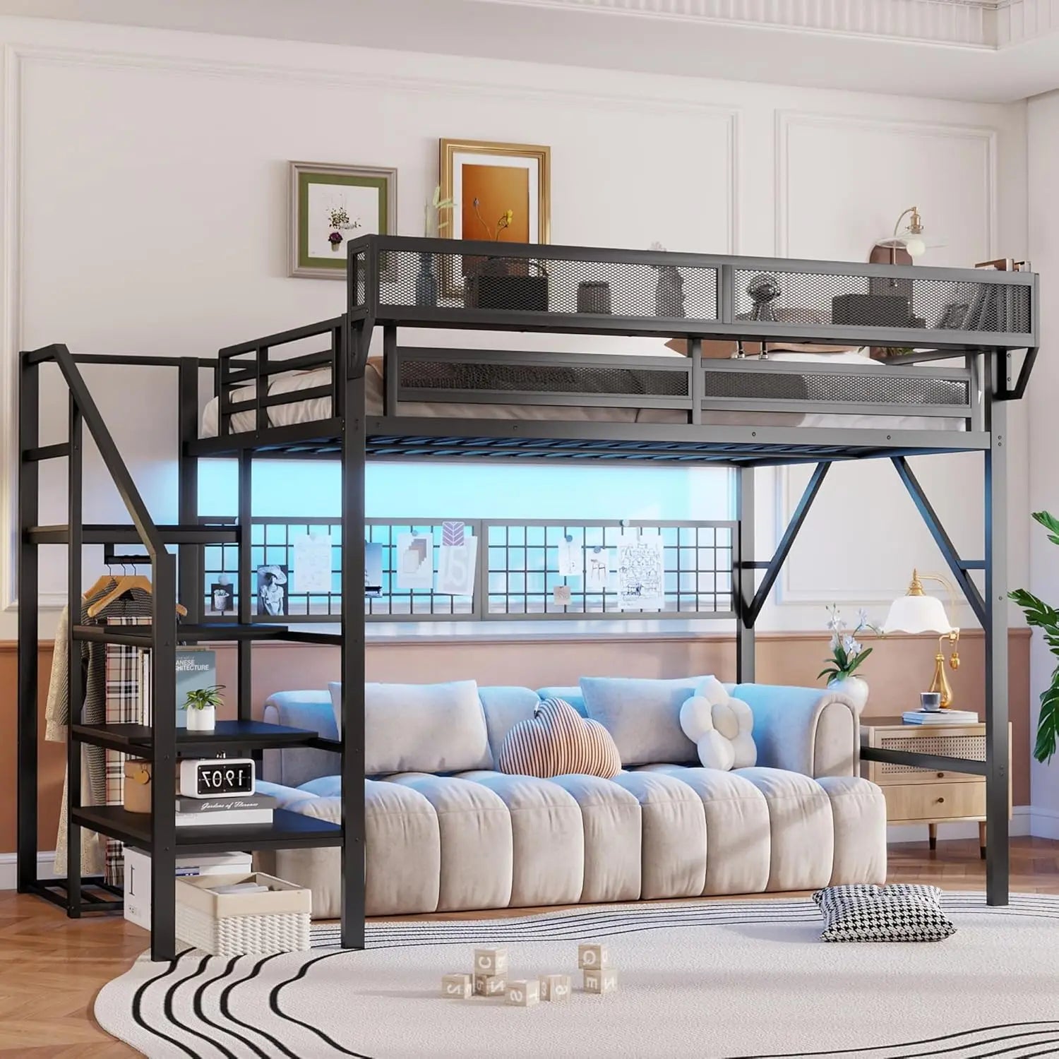 Queen Loft Bed Frame, Stairs/Storage/Wardrobe/Bedside Shelf