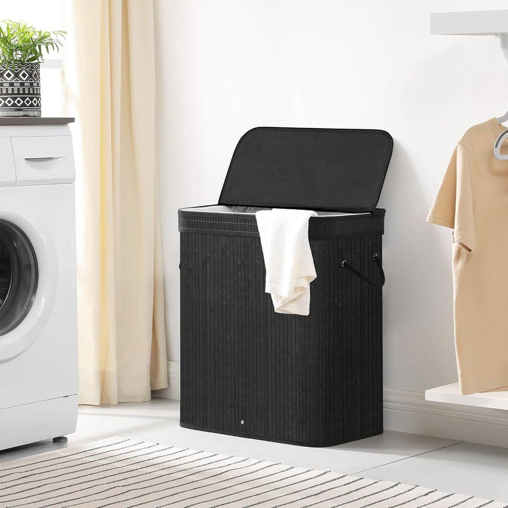 26 Gallon Black Bamboo Wood Laundry Hamper Basket w/ Removable Washable Cotton Bag