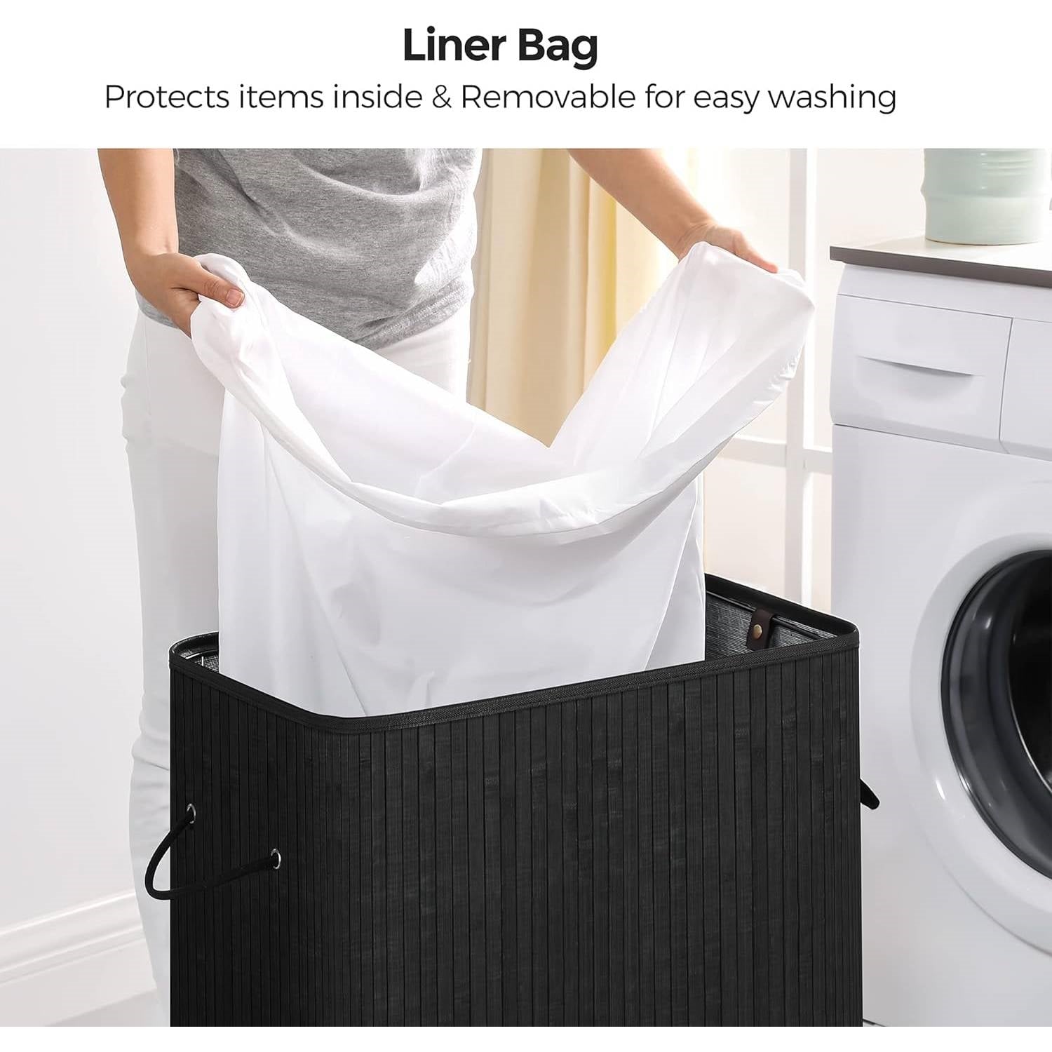 26 Gallon Black Bamboo Wood Laundry Hamper Basket w/ Removable Washable Cotton Bag