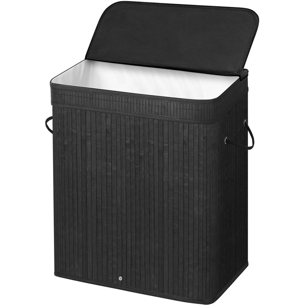 26 Gallon Black Bamboo Wood Laundry Hamper Basket w/ Removable Washable Cotton Bag