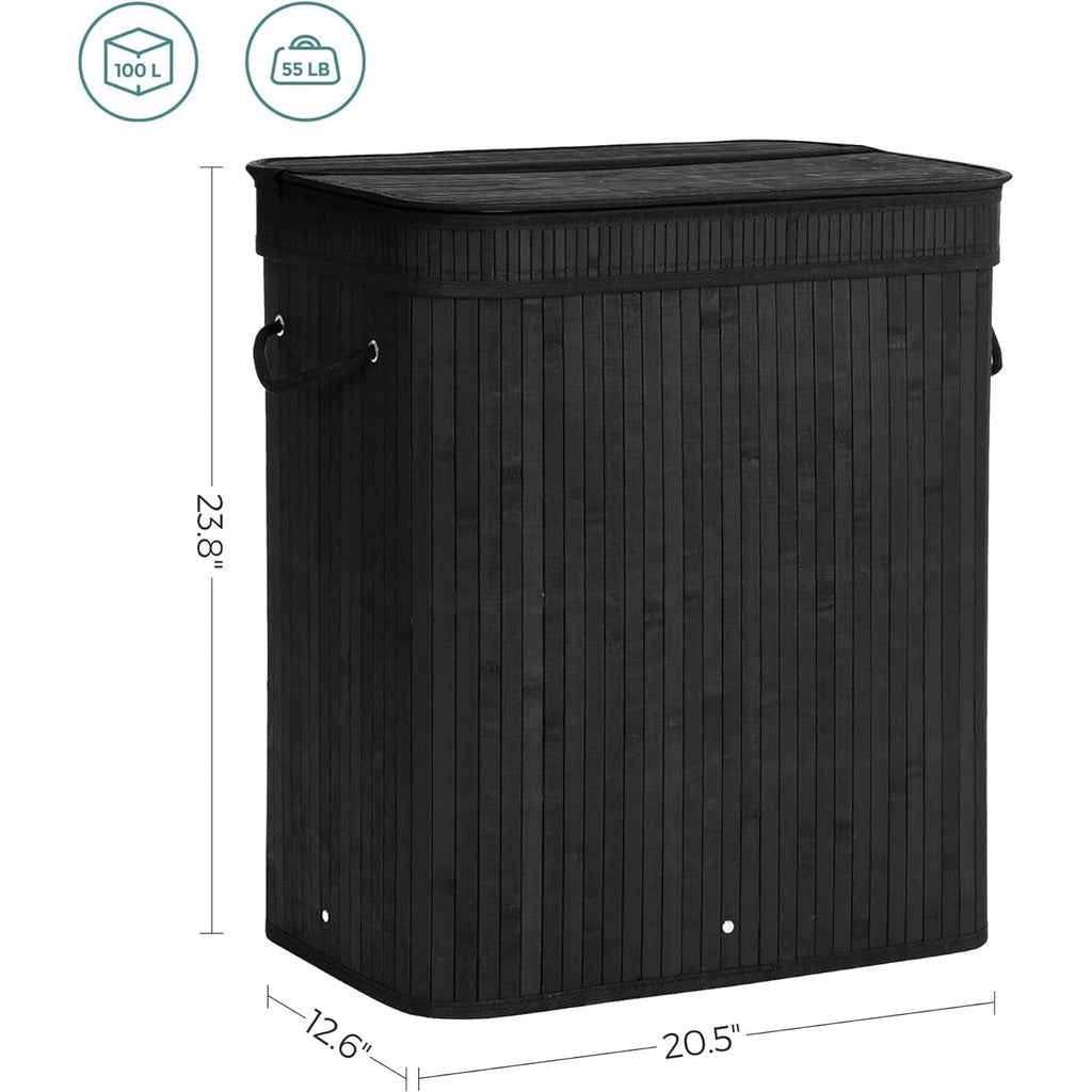 26 Gallon Black Bamboo Wood Laundry Hamper Basket w/ Removable Washable Cotton Bag