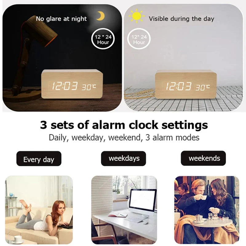 Wooden Digital Alarm Clock, With Temperature