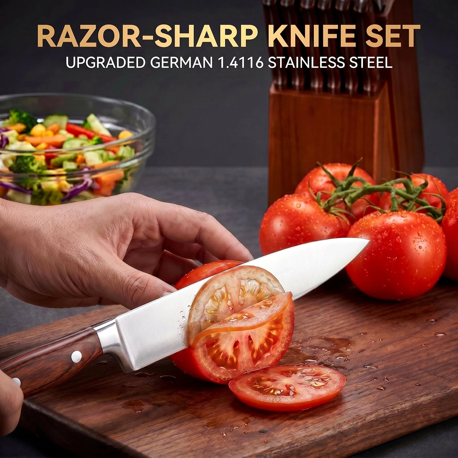 16-Pc Stainless Steel & Acacia Kitchen Knife Set