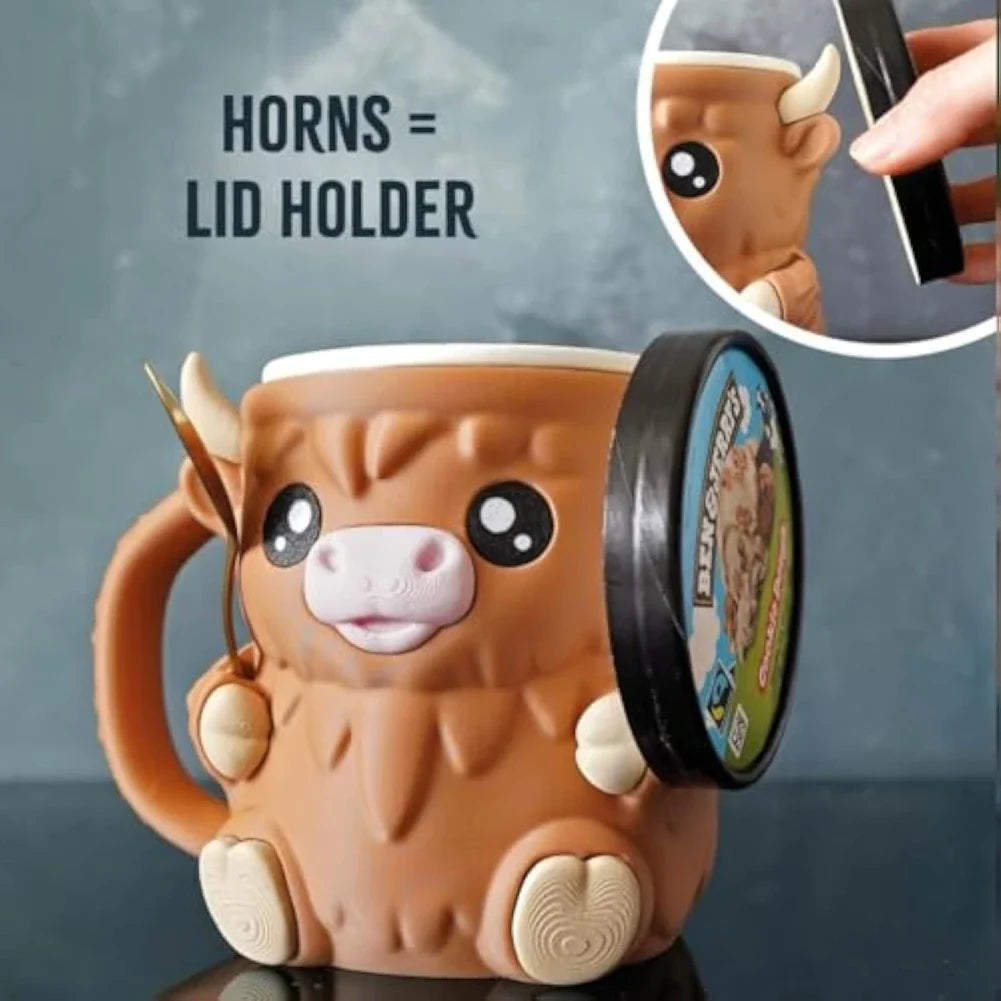 Highland Cow Ice Cream Pint Holder with Spoons