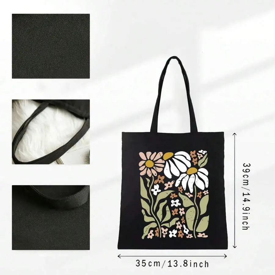 Boho Floral Print Reusable Canvas Tote Bag