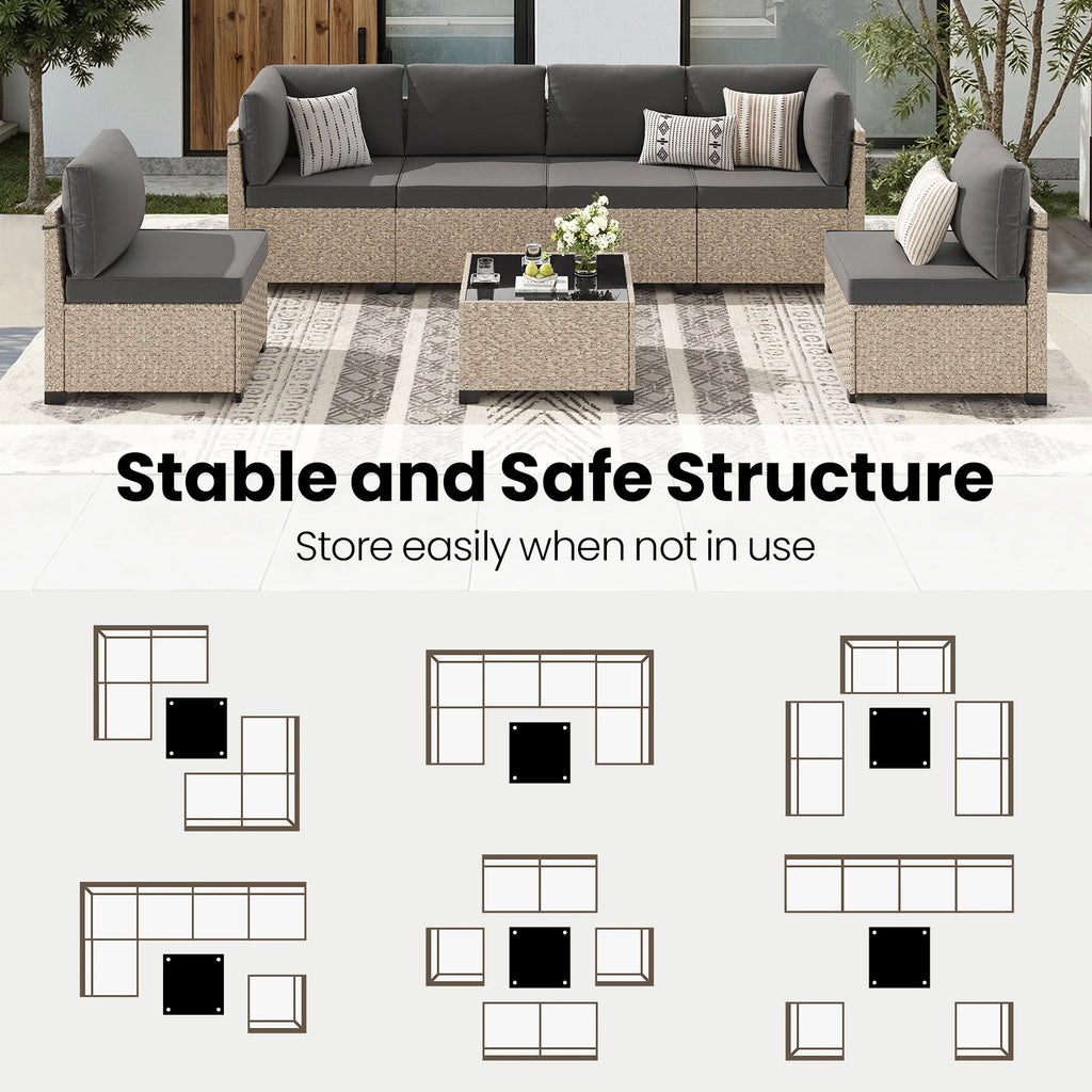 7-Piece Patio Rattan Set with Tempered Glass Table