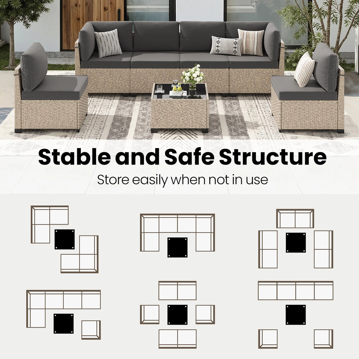 7-Piece Patio Rattan Set with Tempered Glass Table