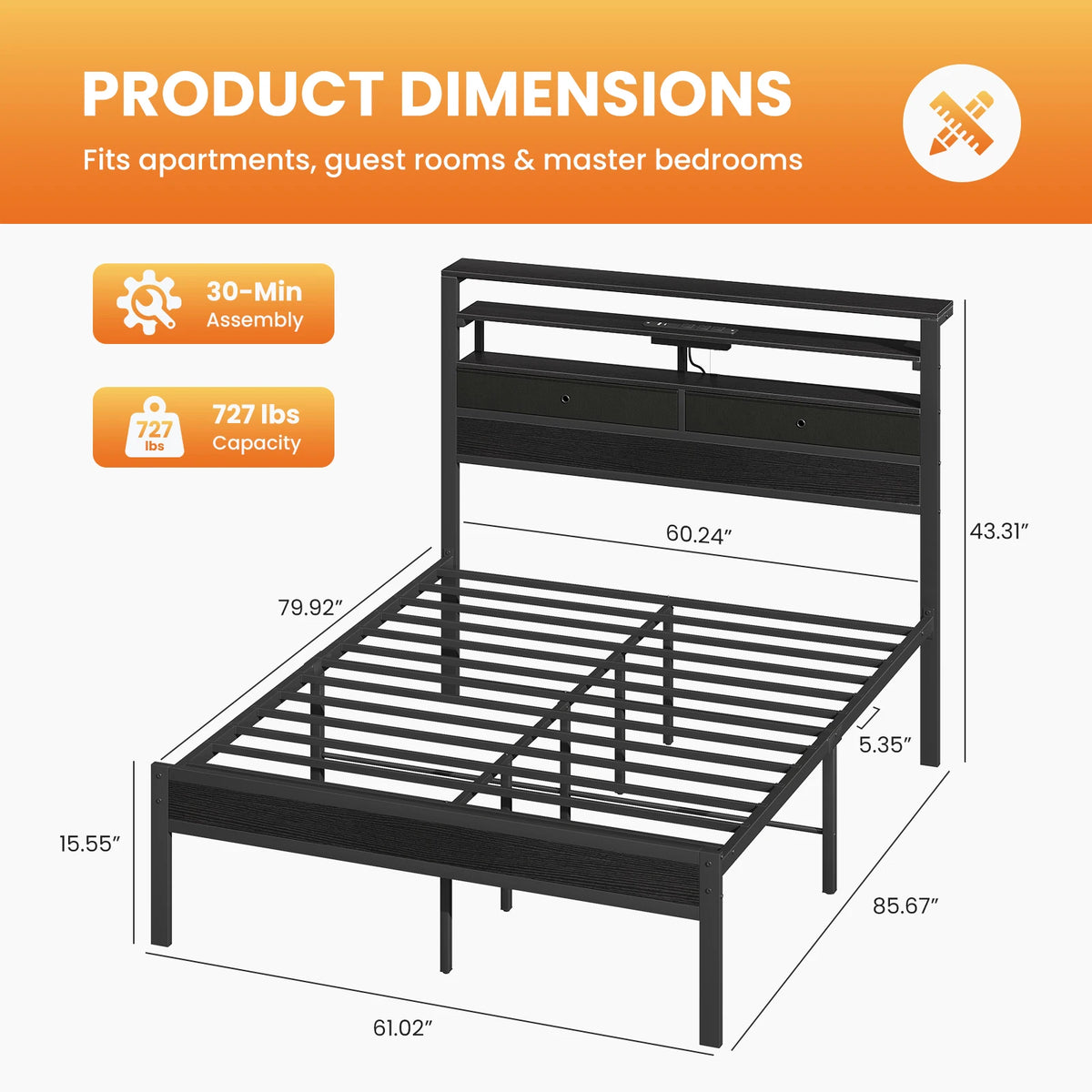 Platform Bed Frame W/ Storage LED Charging Station