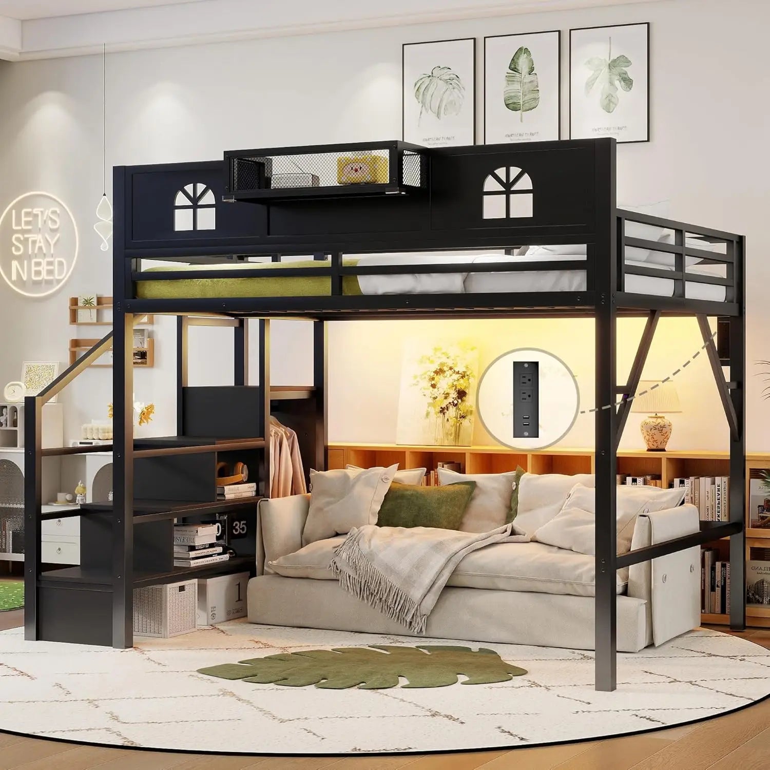 Queen Loft Bed Frame, Stairs/Storage/Wardrobe/Bedside Shelf