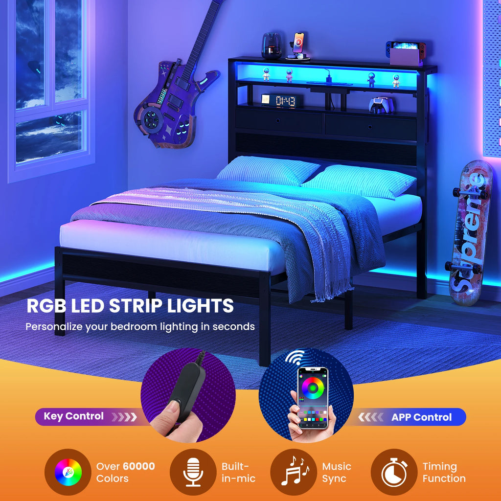 Platform Bed Frame W/ Storage LED Charging Station