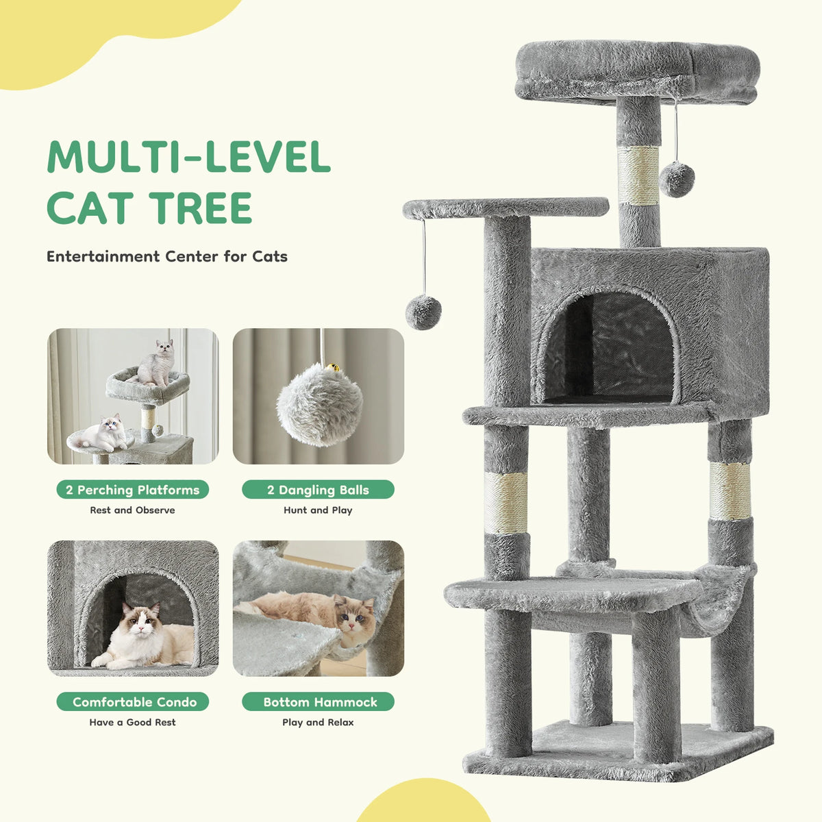 Multi-Cat Climbing Tower With Condo, Hammock, Scratch-Post