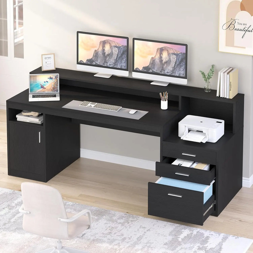 65" Computer Desk 3 Drawers, Storage Shelves