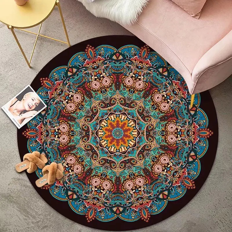 VIKAMA Round Rug Premium Ethnic Vintage Persian Bohemian Living Room Bedroom Rocking Chair Floor Mat Home Decor