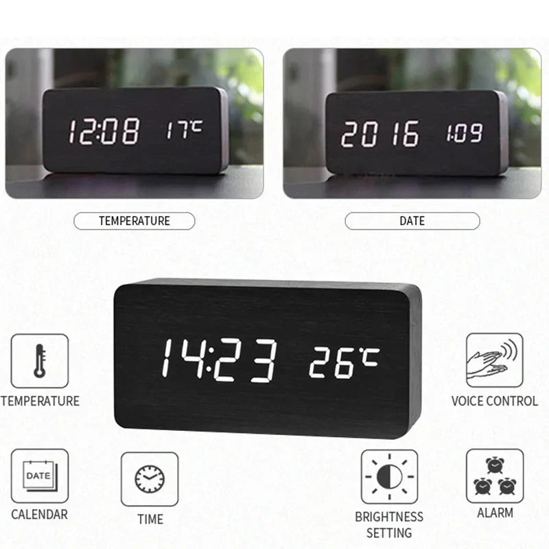 Wooden Digital Alarm Clock, With Temperature