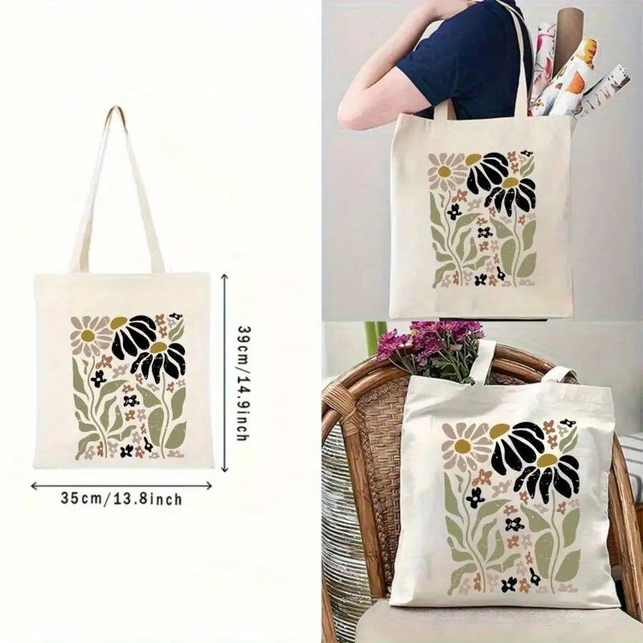 Boho Floral Print Reusable Canvas Tote Bag