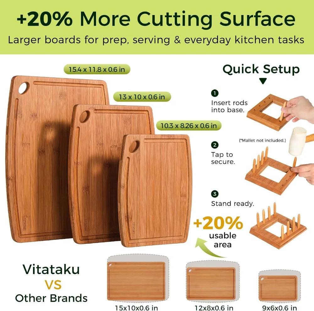 3 Bamboo Cutting/Serving/Charcuterie Boards & Stand
