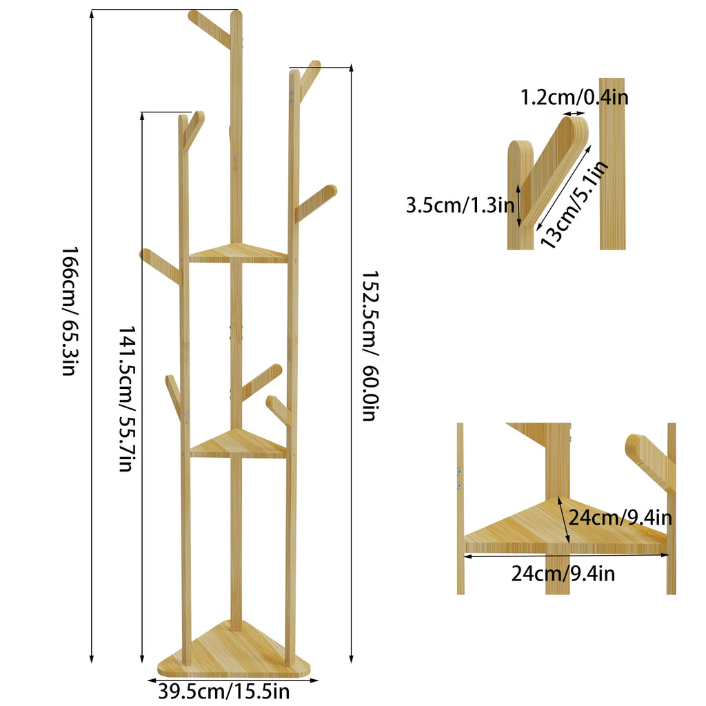 Bamboo Clothing/Coat/Shoe Stand With Hooks & Shelves