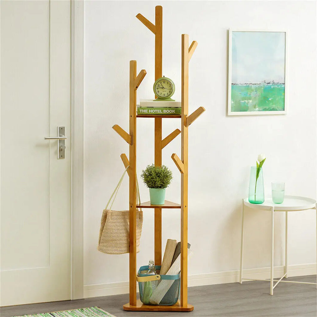Bamboo Clothing/Coat/Shoe Stand With Hooks & Shelves