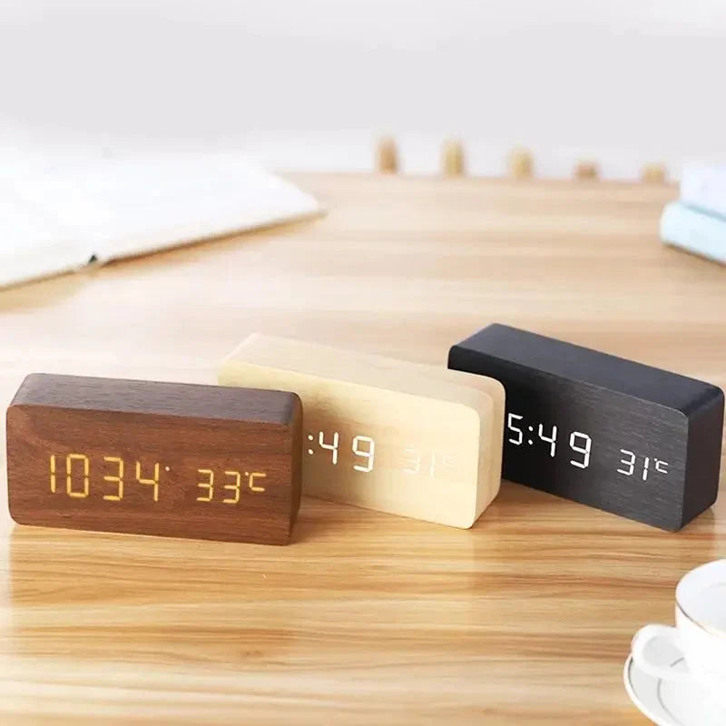 Wooden Digital Alarm Clock, With Temperature