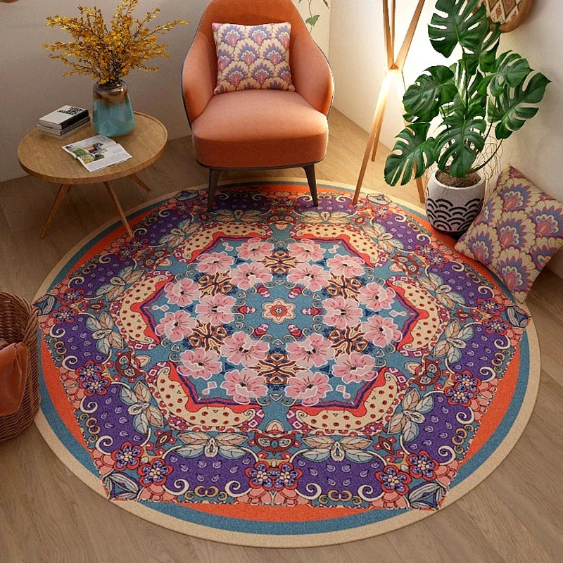 VIKAMA Round Rug Premium Ethnic Vintage Persian Bohemian Living Room Bedroom Rocking Chair Floor Mat Home Decor