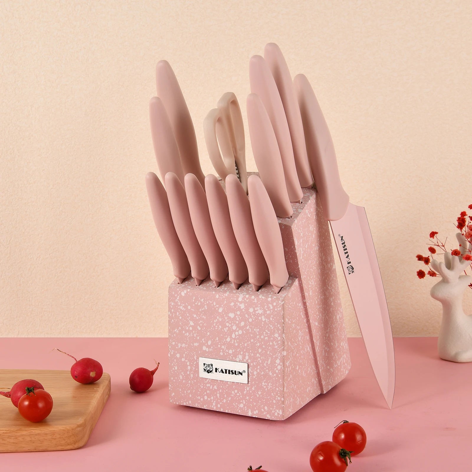 14-Pcs Titanium Coated Pink Kitchen Knife Set