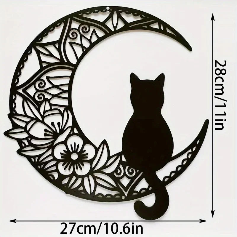 HelloYoung Black Cat On The Moon Wall Pediments, Cat And Moon Metal Wall Decor, Cat Wall Sculpture for Cats Lover, Home Decor