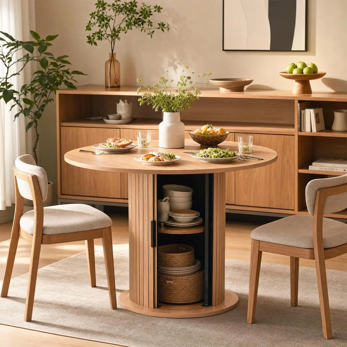 Round Dining Table For 2-4 With Center Storage
