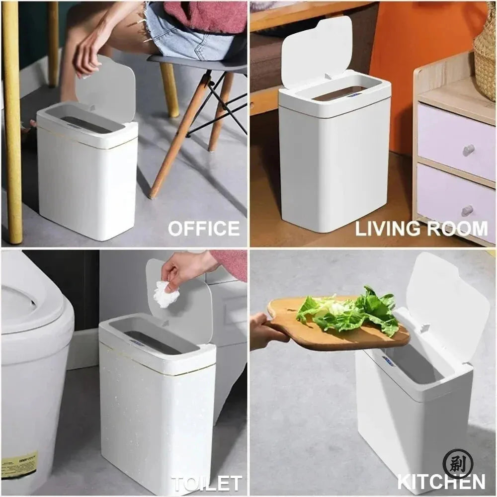 Smart Bathroom Trash Can Automatic Bagging Electronic Trash Can White Touchless Narrow Smart Sensor Garbage Bin Smart Home 4 Gallon(15L)