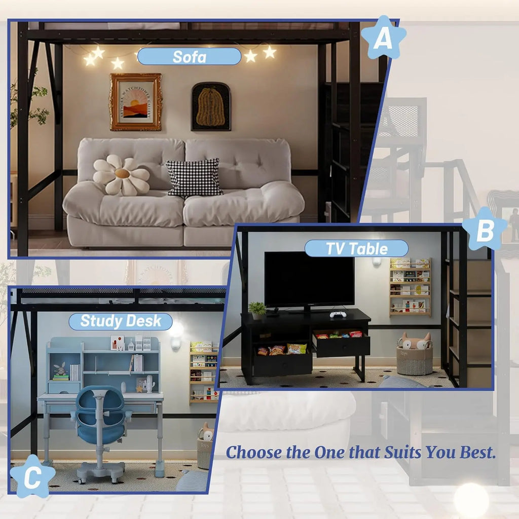 Queen Loft Bed Frame, Stairs/Storage/Wardrobe/Bedside Shelf