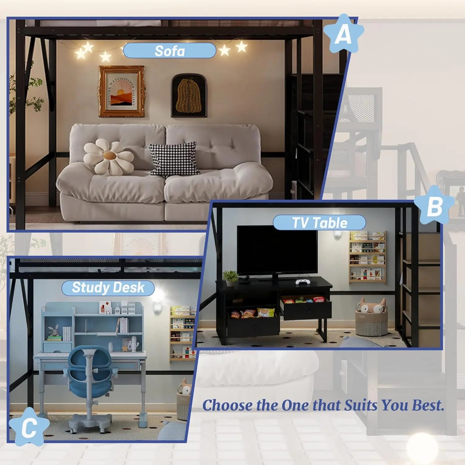 Queen Loft Bed Frame, Stairs/Storage/Wardrobe/Bedside Shelf