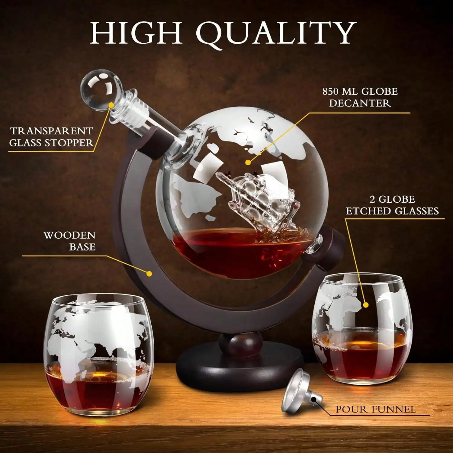 Decanter Globe Set With 2 Etched Glasses