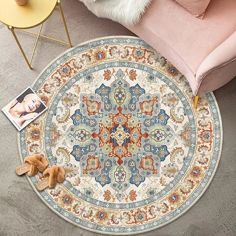 VIKAMA Round Rug Premium Ethnic Vintage Persian Bohemian Living Room Bedroom Rocking Chair Floor Mat Home Decor