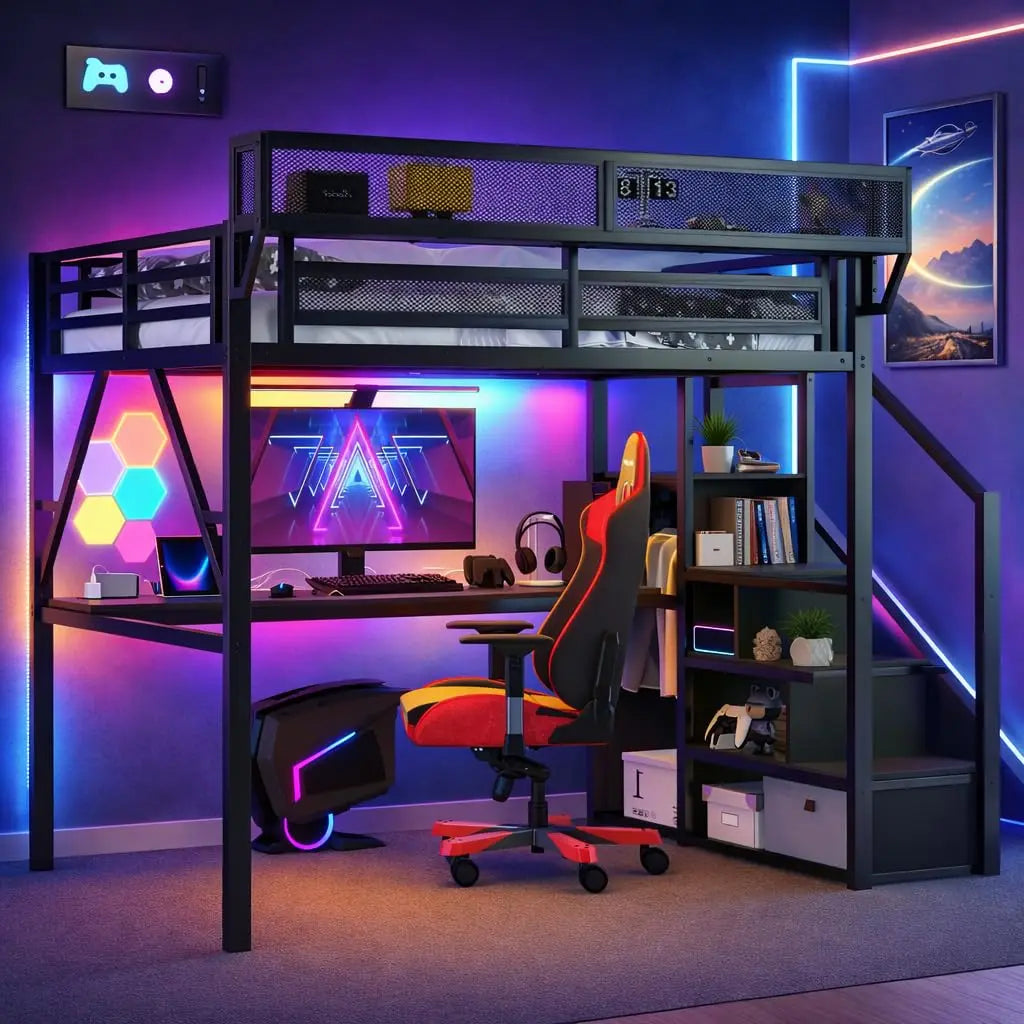 Queen Loft Bed Frame, Stairs/Storage/Wardrobe/Bedside Shelf