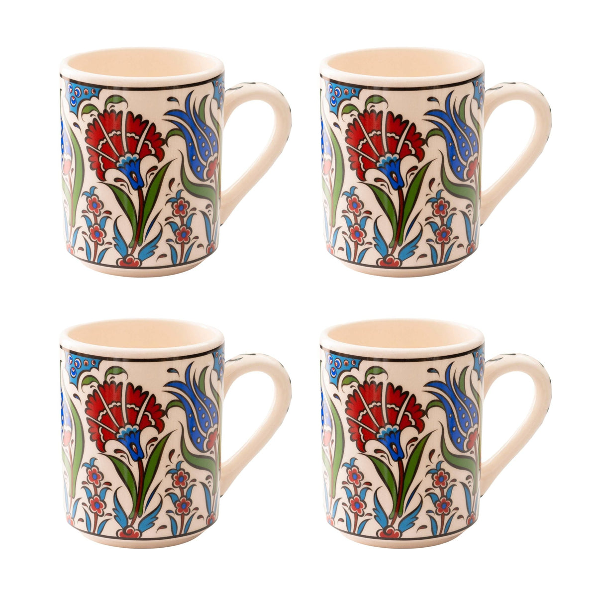 Set of 4 Handmade Turkish Ceramic Botanical Mugs - 9 Styles Available