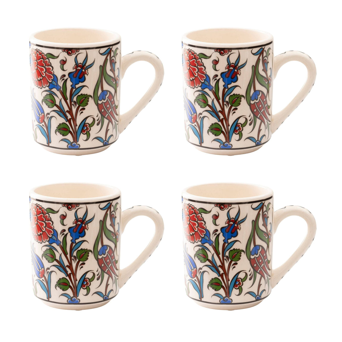 Set of 4 Handmade Turkish Ceramic Botanical Mugs - 9 Styles Available