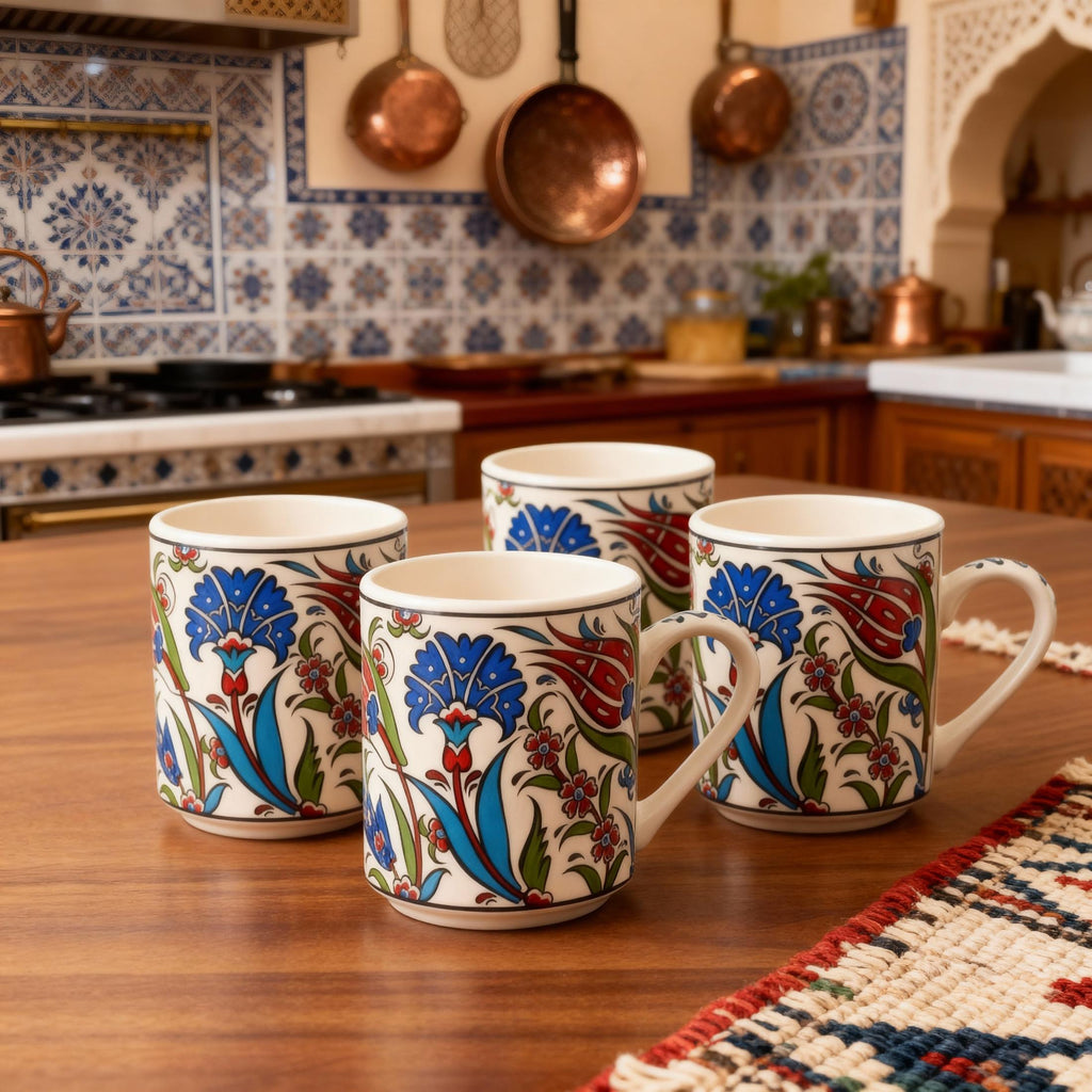 Set of 4 Handmade Turkish Ceramic Botanical Mugs - 9 Styles Available