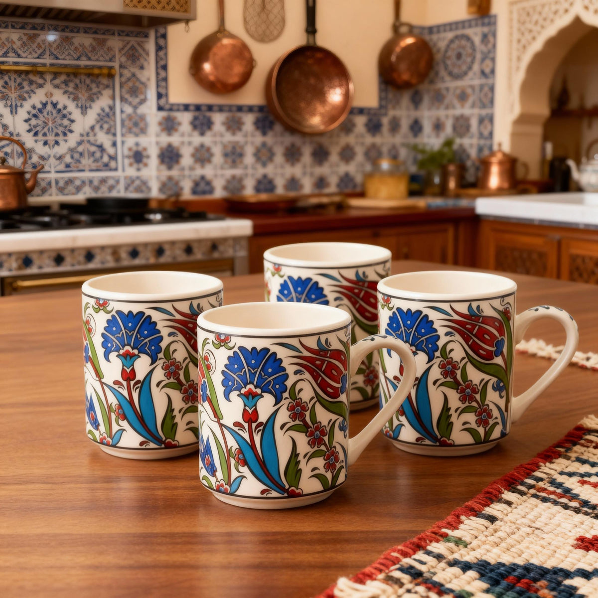 Set of 4 Handmade Turkish Ceramic Botanical Mugs - 9 Styles Available