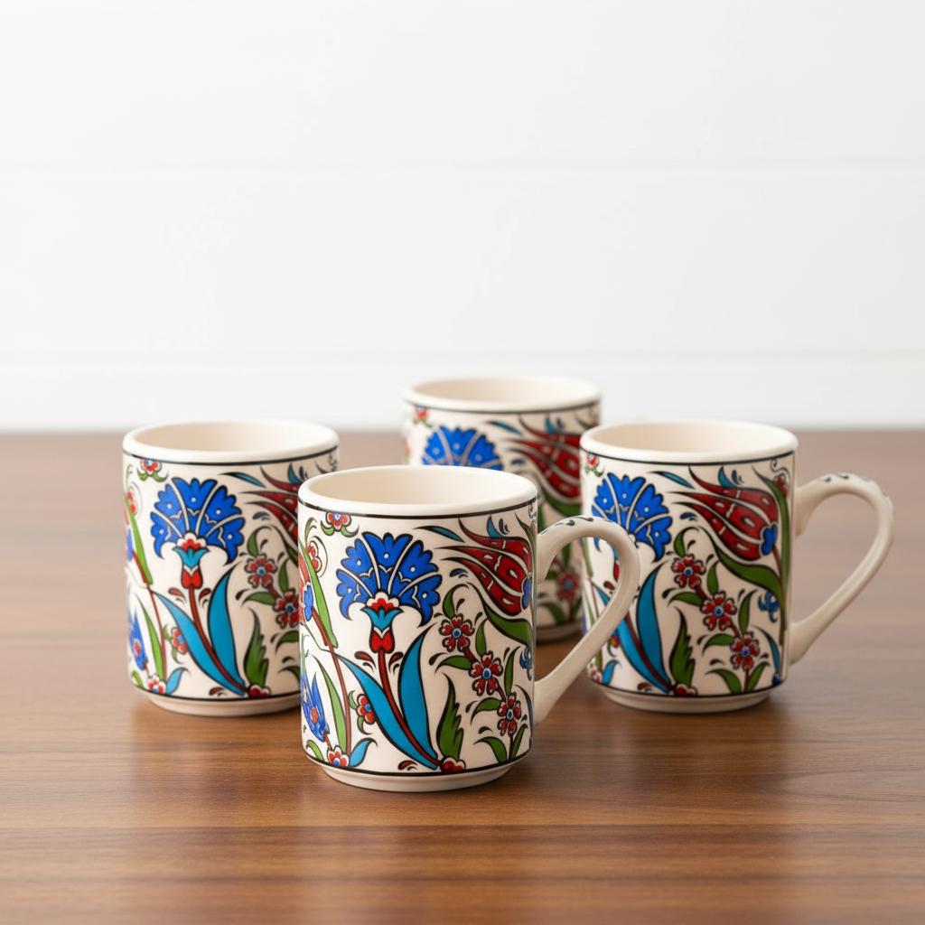 Set of 4 Handmade Turkish Ceramic Botanical Mugs - 9 Styles Available