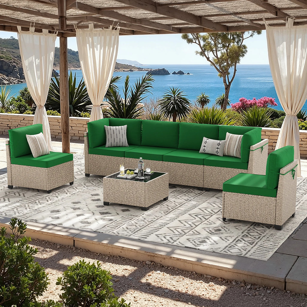 7-Piece Patio Rattan Set with Tempered Glass Table