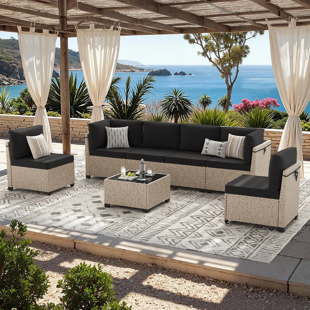 7-Piece Patio Rattan Set with Tempered Glass Table
