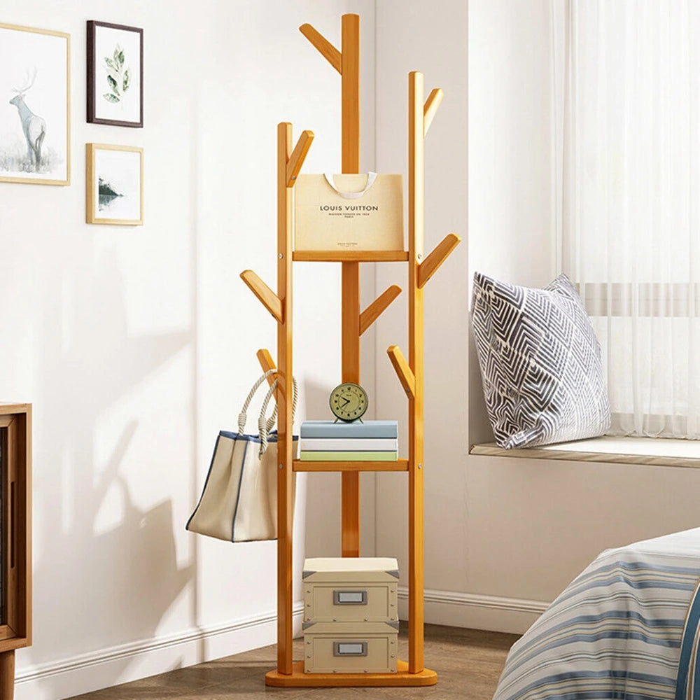 Bamboo Clothing/Coat/Shoe Stand With Hooks & Shelves