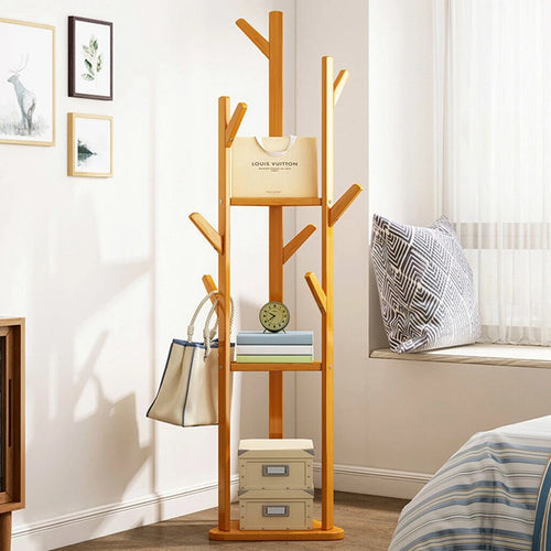 Bamboo Clothing/Coat/Shoe Stand With Hooks & Shelves