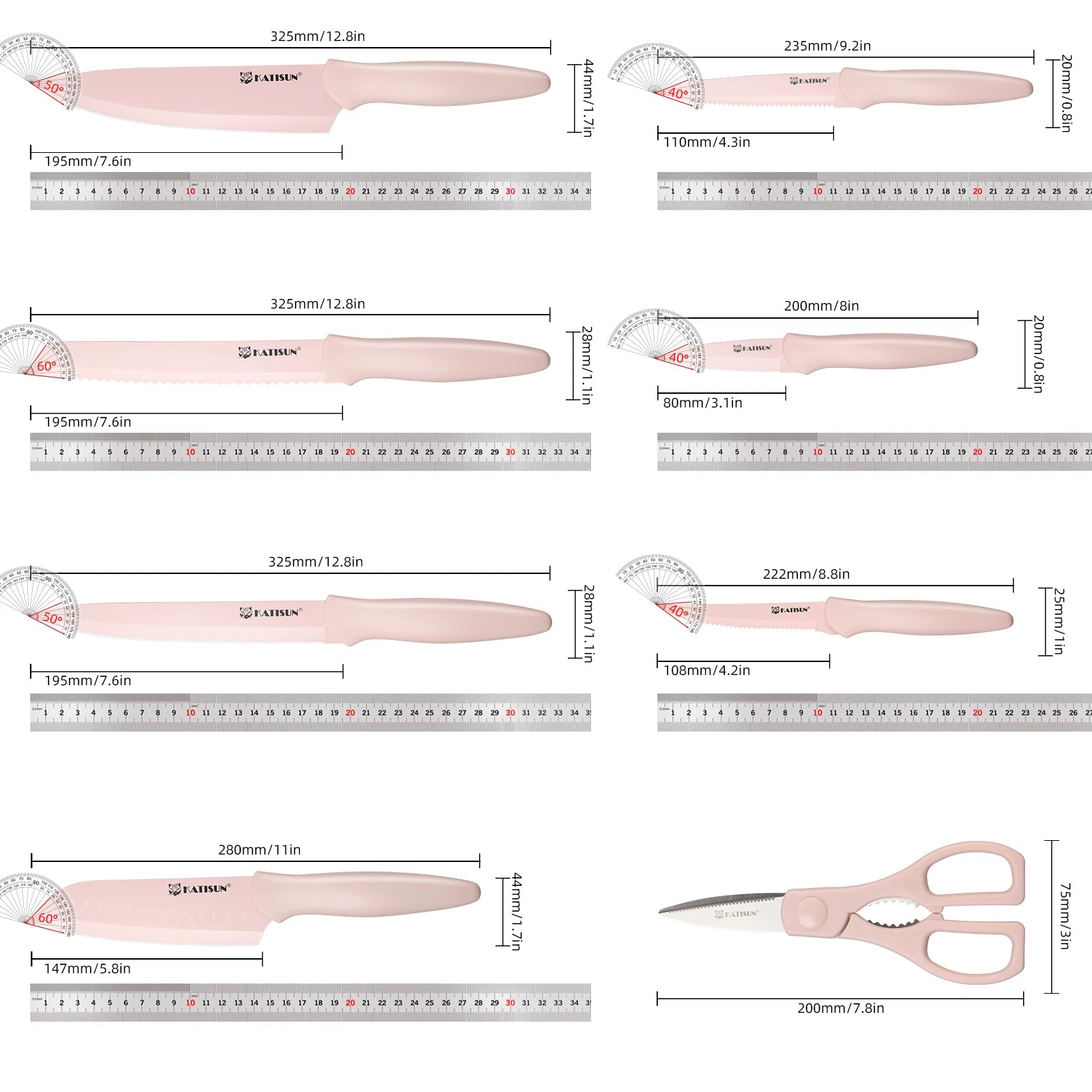 14-Pcs Titanium Coated Pink Kitchen Knife Set
