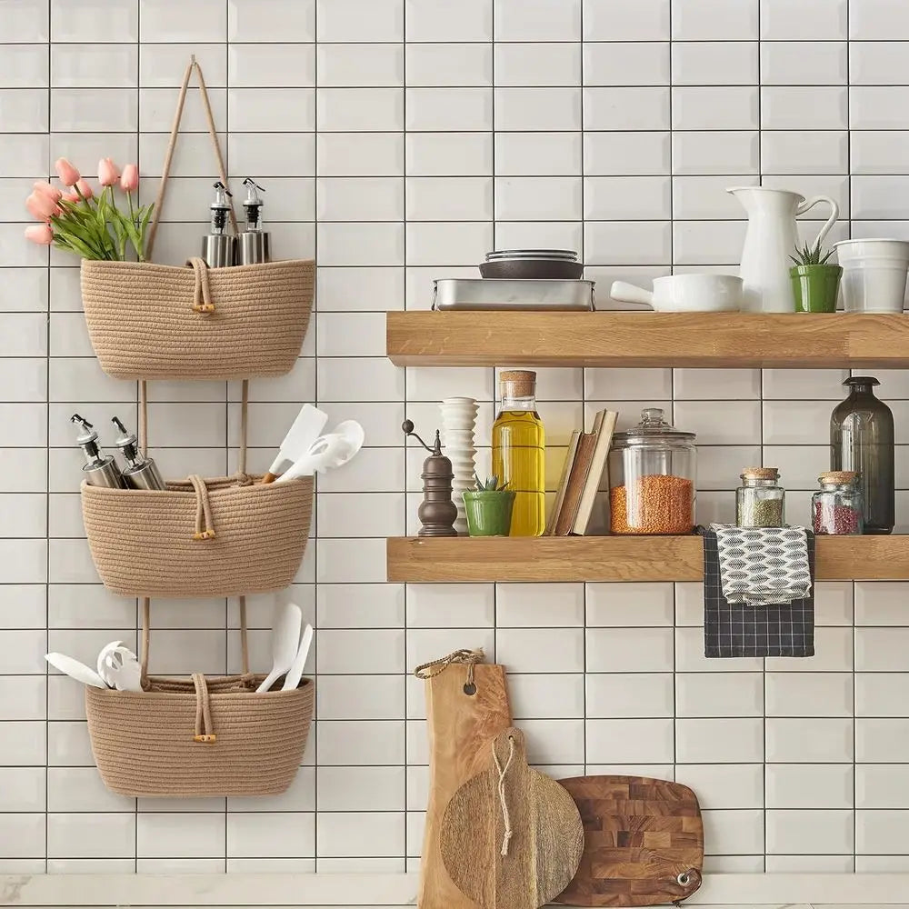 3-Tier Cotton-Rope Baskets Pantry, Bathroom, Nursery, Entryway