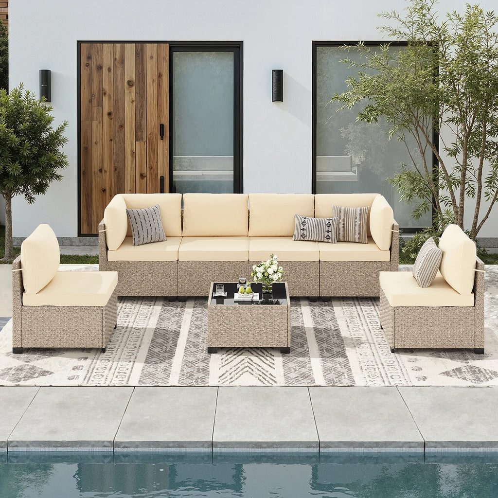 7-Piece Patio Rattan Set with Tempered Glass Table